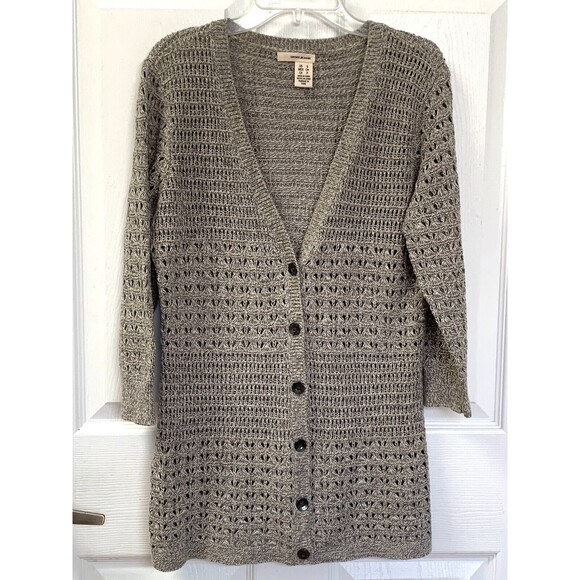 DKNY Women's Crochet V-Neck 3/4 Sleeve Button up Sweater Cardigan Small - Picture 2 of 5